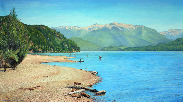 Pescando en Quila Quina, San Martin de los Andes, Neuquen, Patagonia Argentina Óleo Tela Paisaje