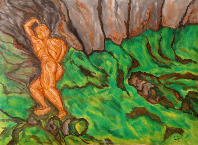 En las rocas. Óleo Lienzo Desnudos