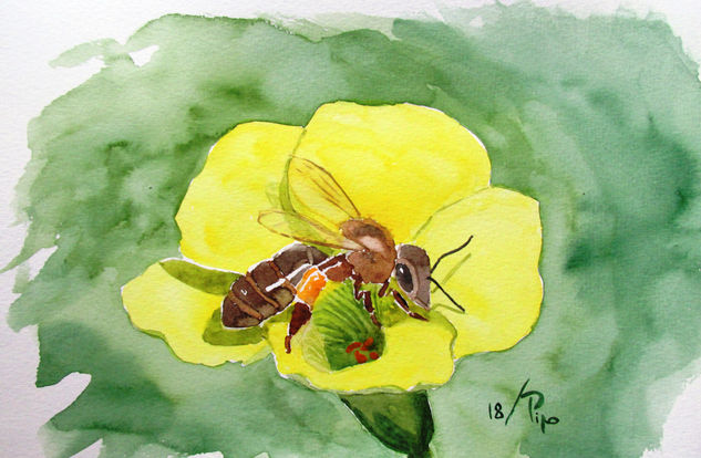 abeja trabajando Acuarela Papel Floral