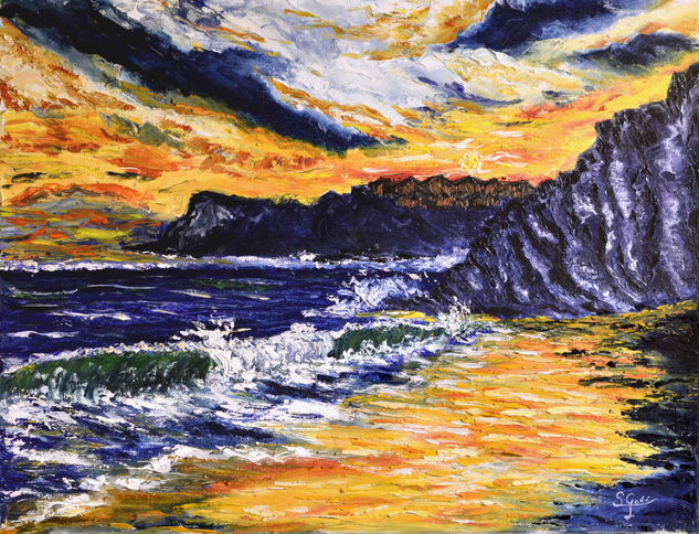 Playa de Sopelana al ocaso. Oil Canvas Marine Painting