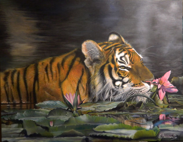 El tigre y la flor Oil Canvas Animals