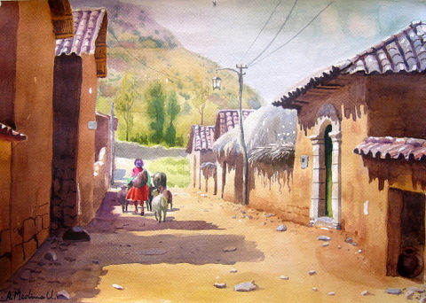 Calle Pueblo de Huasao Acuarela Cartulina Paisaje