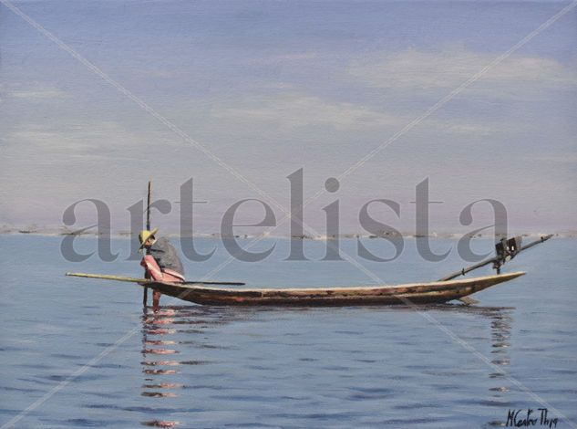 PESCANDO EN LAGO INLE EN MYANMAR (BIRMANIA) 1 Óleo Lienzo Paisaje