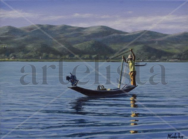 PESCANDO EN LAGO INLE EN  MYANMAR (BIRMANIA) Óleo Lienzo Paisaje