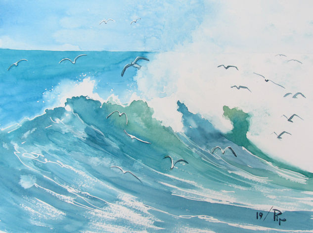 olas con albatros Watercolour Paper Marine Painting