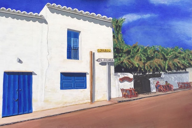 Pintura original, lienzo acrilico, azules y blancos, obra de arte, paisaje, bar bohemio, intelectual y mitico Bar Anita