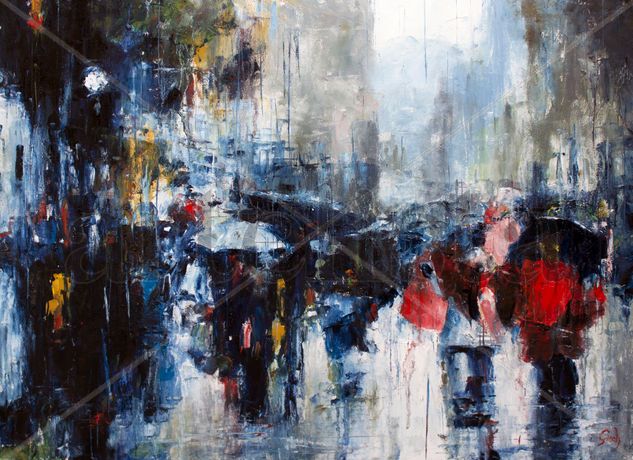 walking on rainy street Oil Canvas Landscaping