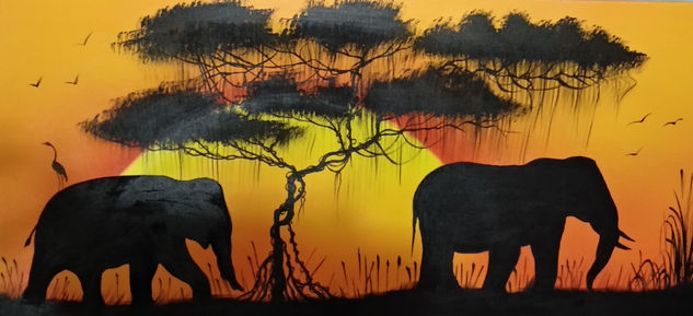 elefantes al atardeser Oil Canvas Animals