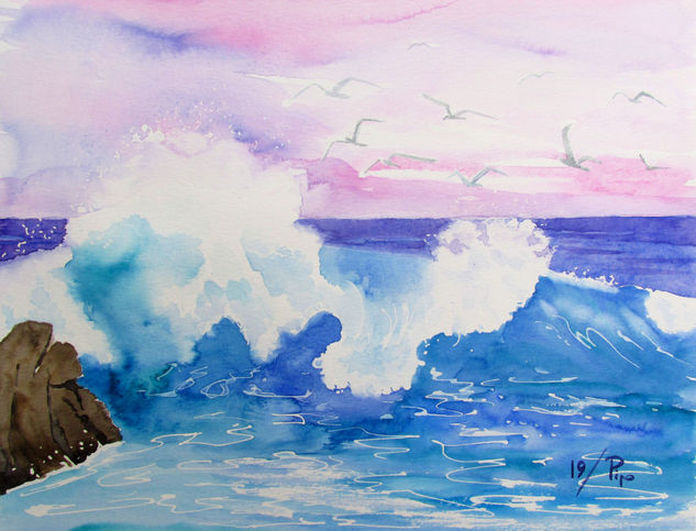 olas en el amanecer Watercolour Paper Marine Painting