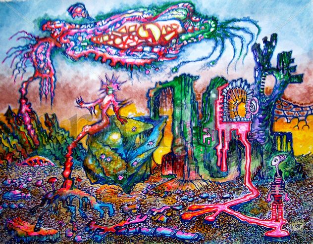 Metaphysical landscape with a live cloud and images.