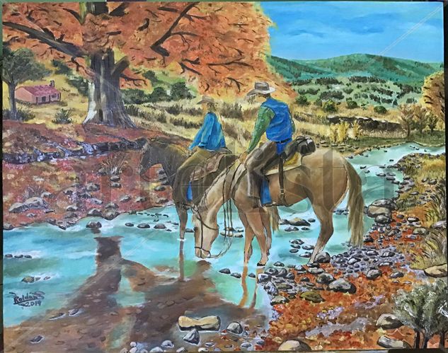 Caballos en río Óleo Tabla Paisaje