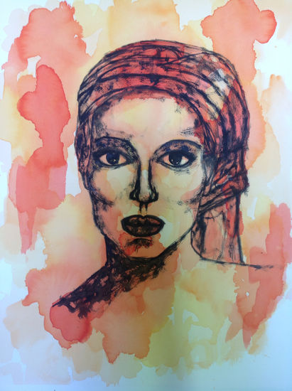 Mujer con pañuelo naranja Watercolour Paper Portrait