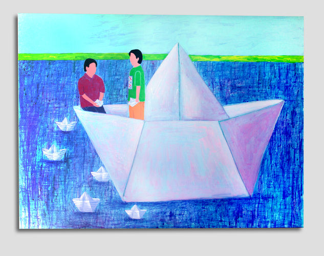 Paper boat 3 Acrylic Canvas Marine Painting