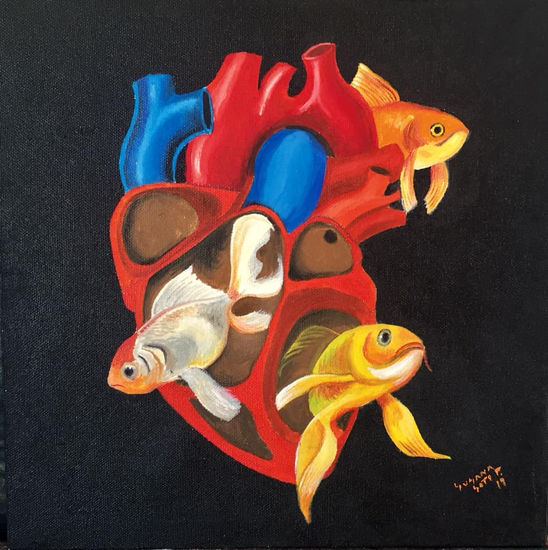 Corazon y 3 peces Óleo Lienzo Figura