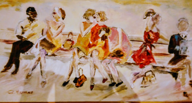 Chicas hablando en el banco Acrylic Canvas Figure Painting