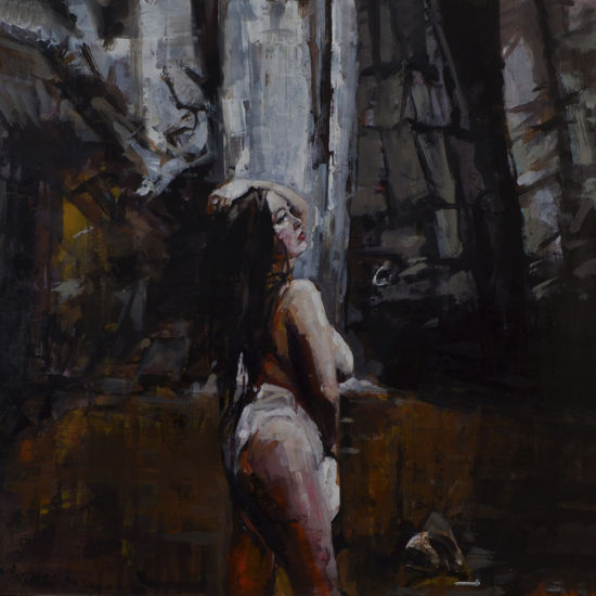 Un baño en la cascada Oil Panel Figure Painting