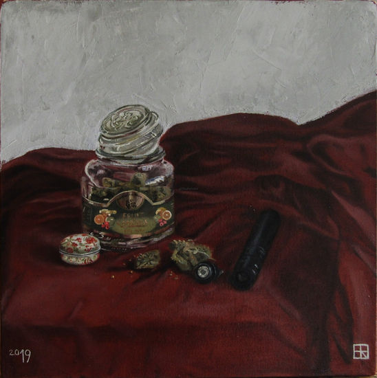 Still life with Bareta and Vaporizer Oil Canvas Still Life Paintings