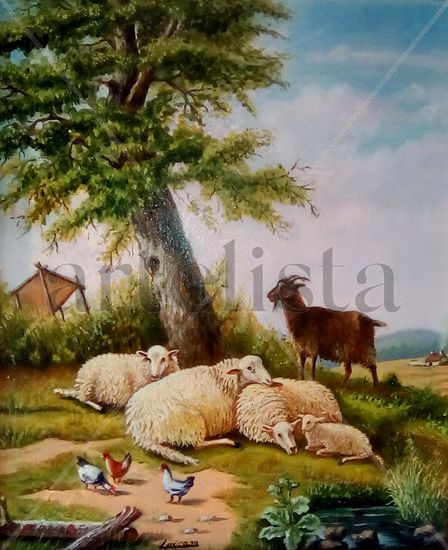 ovejas y cabra 45x37 Óleo Lienzo Animales