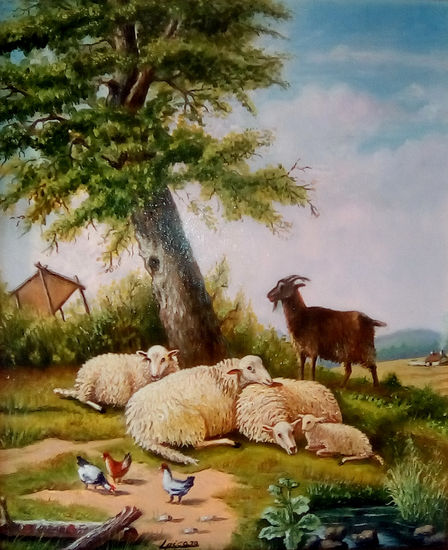 ovejas y cabra 45x37 Óleo Lienzo Animales