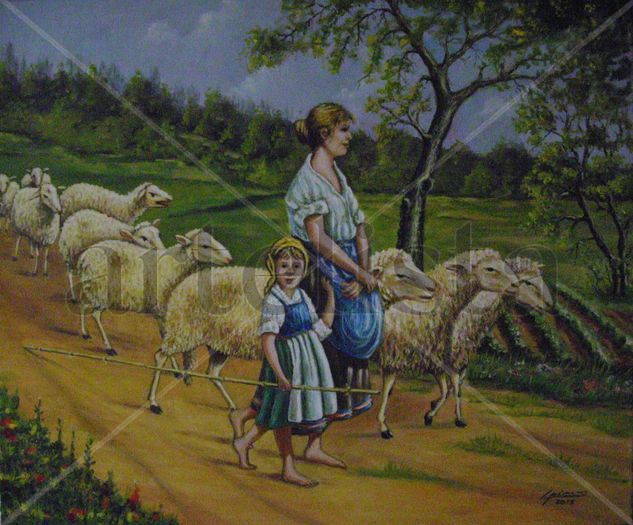 pastora con rebaño 73x60 Óleo Lienzo Animales