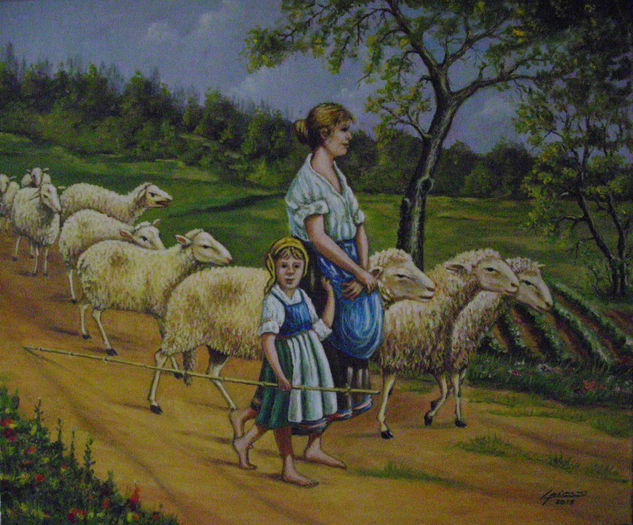 pastora con rebaño 73x60 Óleo Lienzo Animales