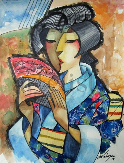 GEISHA CON ABANICO Watercolour Card Figure Painting