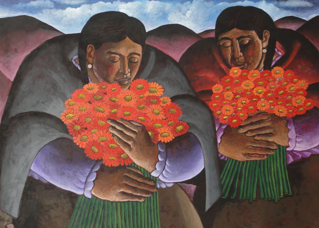 "Yauyinas con flores" Óleo Lienzo Figura