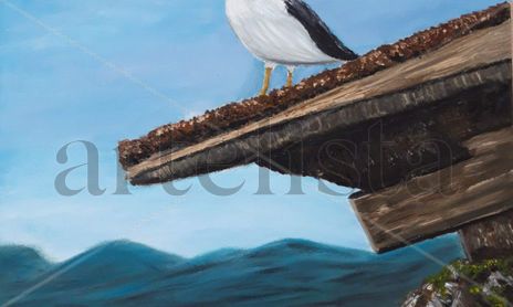 Cuadro al óleo mar y gaviota