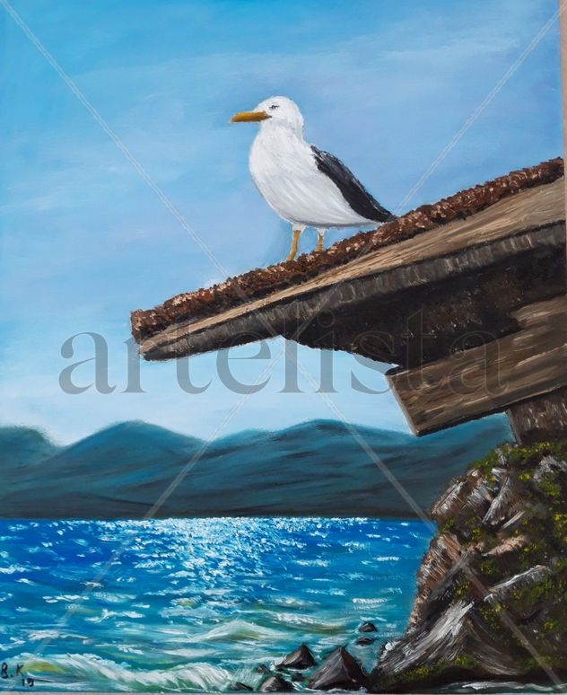 Cuadro al óleo mar y gaviota