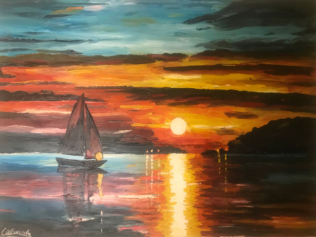 Barco en la puesta de sol Oil Canvas Marine Painting