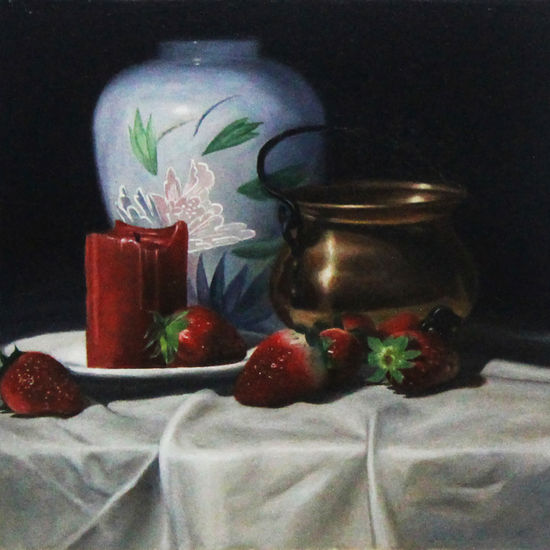 White Vase, Copper Jar, Candle and Strawberries Óleo Lienzo Bodegones