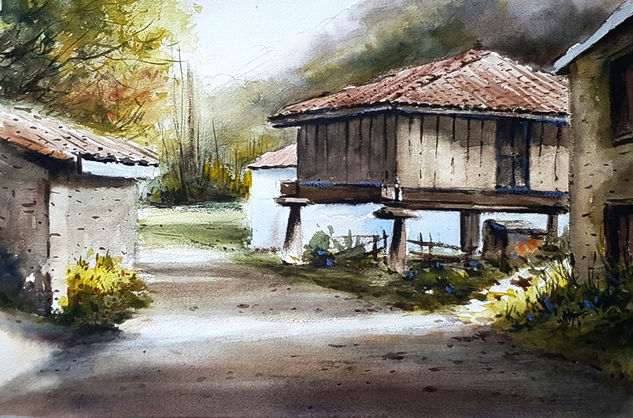 rural con horreo - villaviciosa Acuarela Papel Paisaje