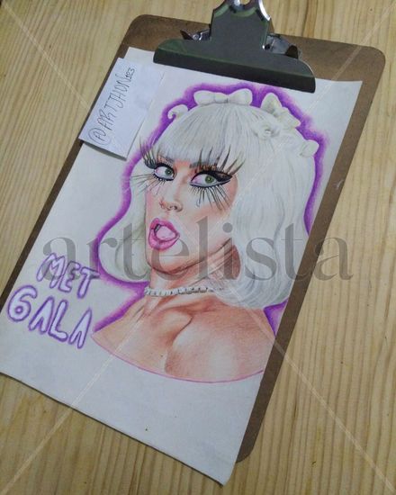 Retrato de la cantante y compositora Lady gaga, en el evento MET GALA 2019 Pencil (coloured) Paper Portrait