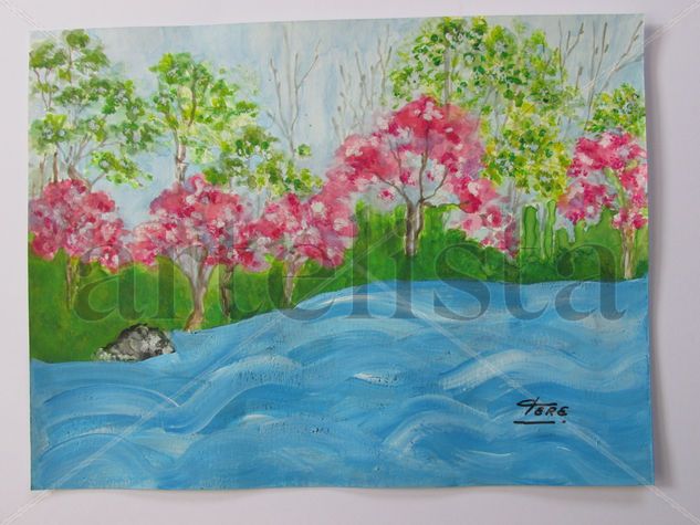 Cerezos en flor Mixed media Paper Landscaping