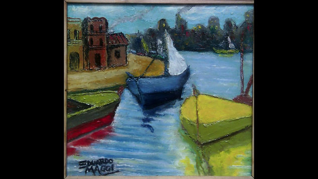 PAISAJE EN EL PUERTO Oil Textile Marine Painting