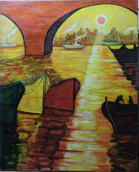 CREPUSCULO EN LA BOCA Oil Textile Marine Painting