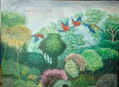 Paisaje selvático en medio de la bruma, vista permanente de las bellas guacamayas