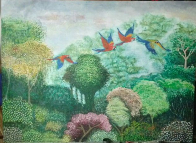 Paisaje selvático en medio de la bruma, vista permanente de las bellas guacamayas Oil Canvas Landscaping