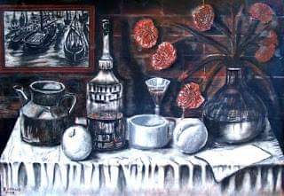 Bodegón con flores y frutas