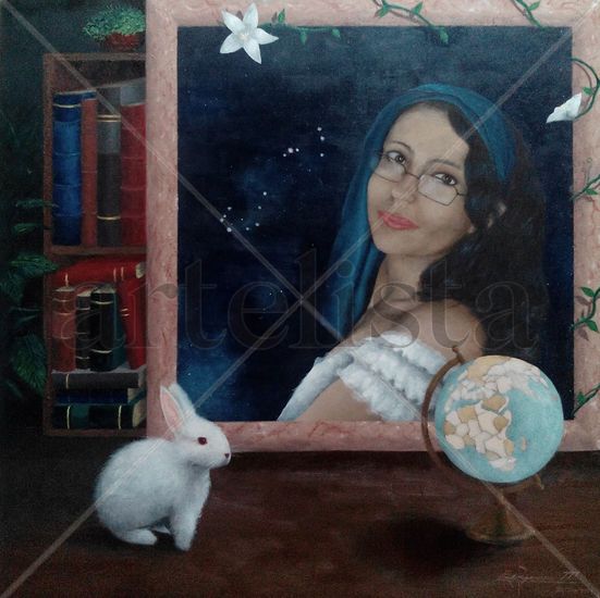 La dama de los libros y los conejos Oil Panel Portrait