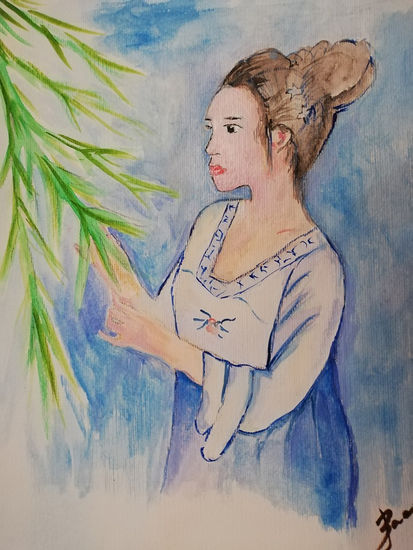 Mujer y Bambu Media Mixta Papel Figura