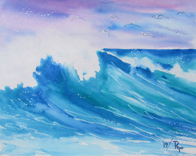 olas de amanecer Watercolour Paper Marine Painting