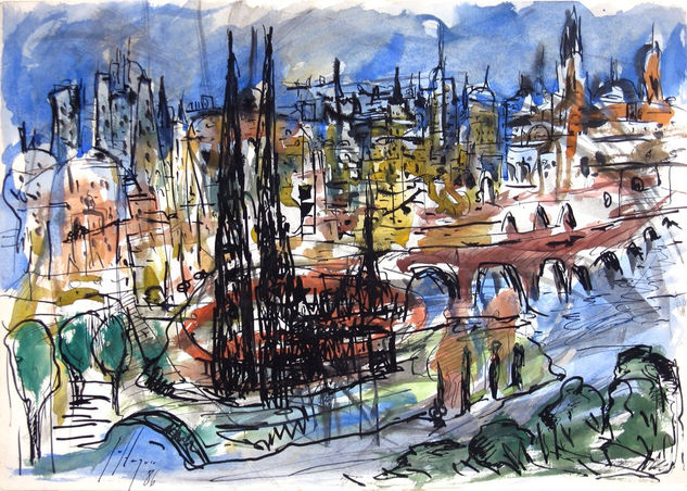 Ciudad con catedral , río y puentes Mixed media Card Landscaping