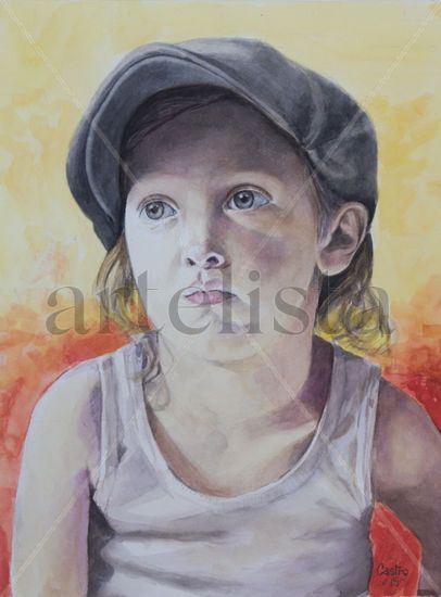 niño con gorra Acuarela Papel Retrato