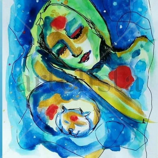 Mujer con Gato Watercolour Paper Figure Painting