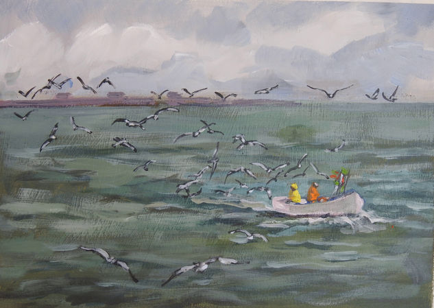 Gaviotas comiendo Acrylic Paper Marine Painting