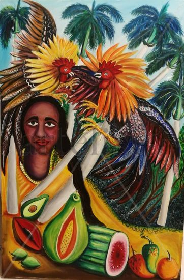 metisa con gallo y frutas Oil Canvas Figure Painting