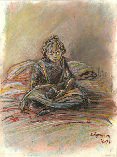 Niña con gato 01 Pastel Paper Figure Painting