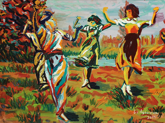 Danza en la laguna Oil Panel Figure Painting