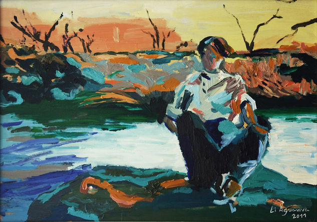 En el río Oil Panel Figure Painting